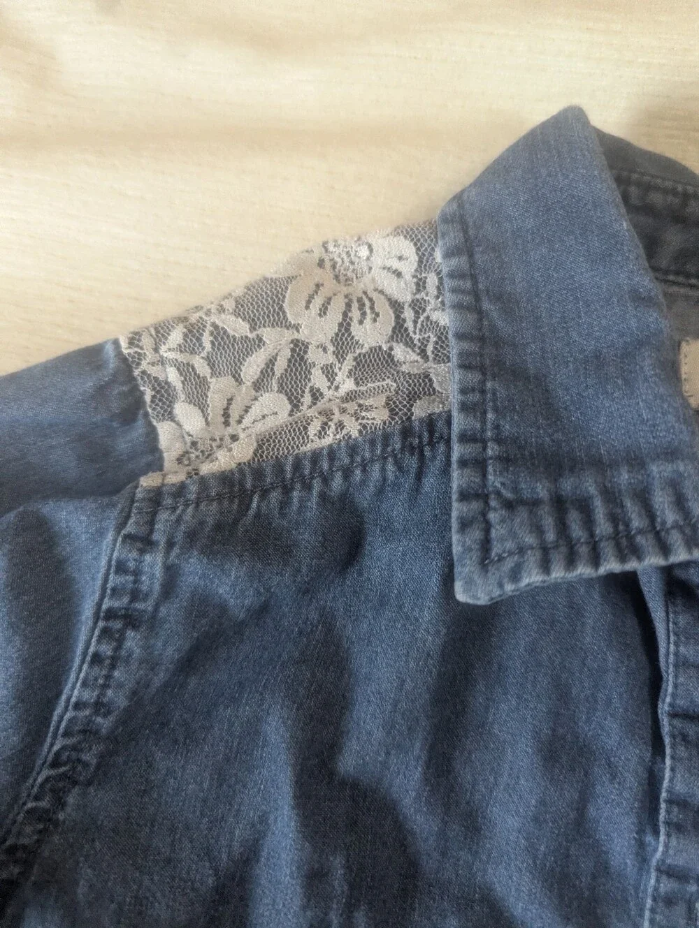 Girls' Denim Button-Up Shirt with Lace Shoulder Detail - Blue, Size 10/12